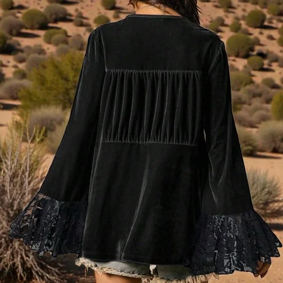 NWT Black Velvet Lace Bell Sleeve Top - Picture 4 of 8
